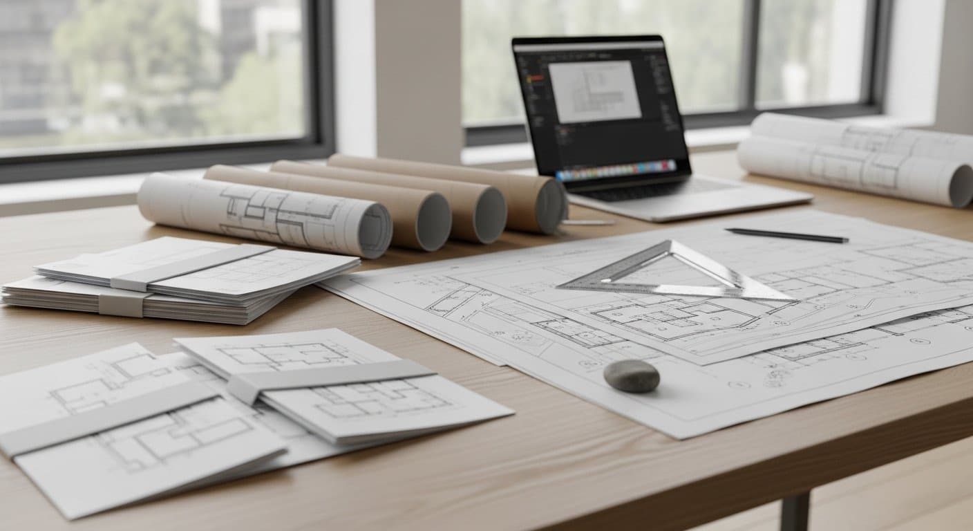 Verschiedene DIN-Formate und gefaltete technische Pläne